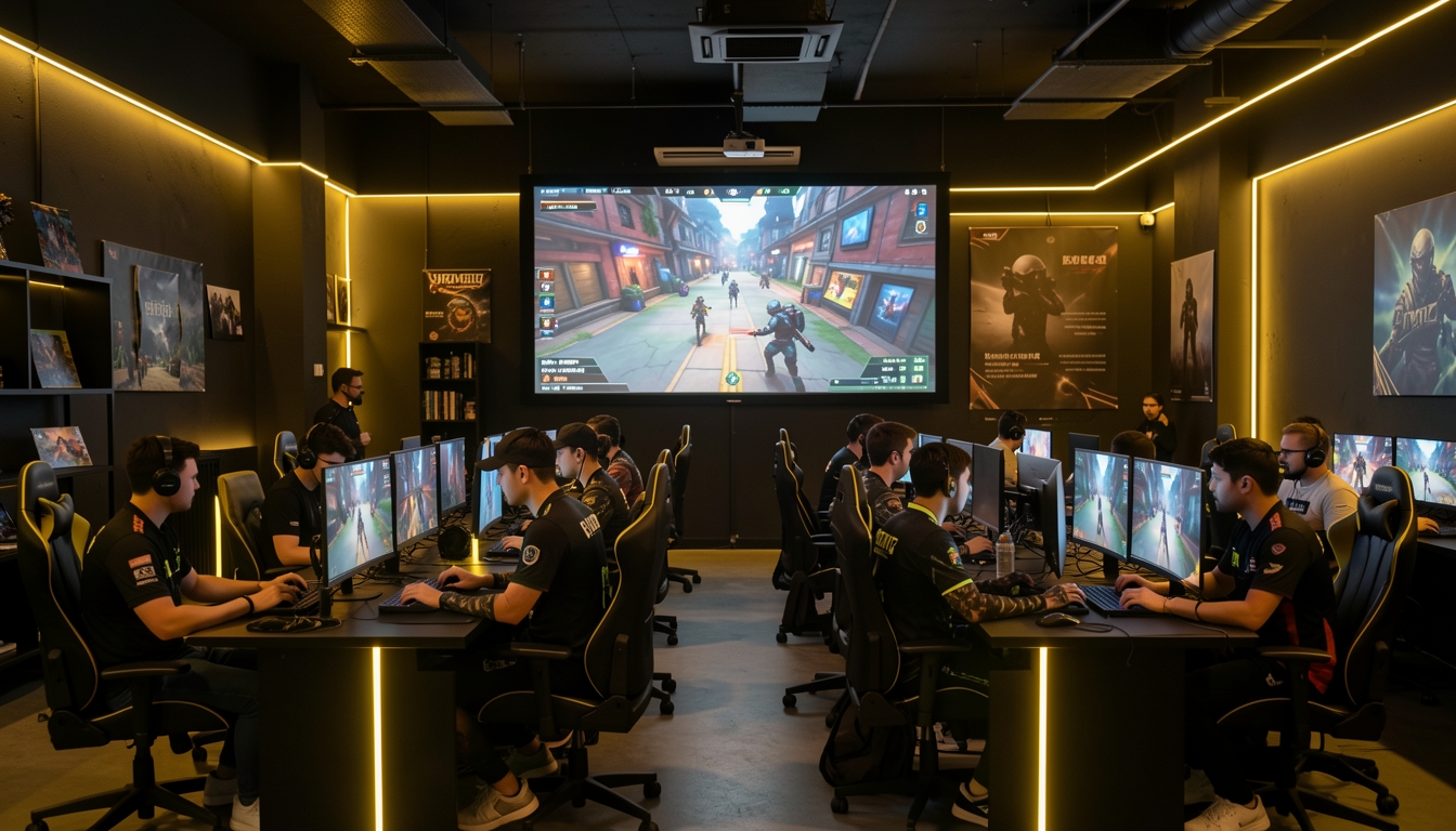 Esports players compete at computer stations in a neon-lit gaming room with a large game screen.